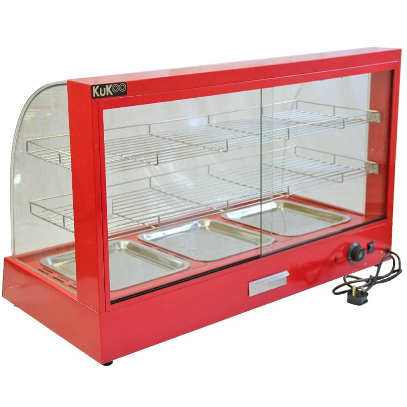 KuKoo 90cm Electric Food Warmer Cabinet, Red, 95cm x 59cm x 45cm, Steel, Glass