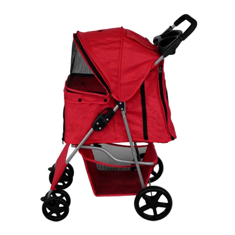 Pet Stroller Pushchair Red Carrier Foldable Trolley Travel Cart 15kg Capacity 4 Wheels Brakes Cat Dog Safety Snap Hook Leash Cushion Canopy Mesh Windows Basket Cup Holders FREE Waterproof Rain Cover