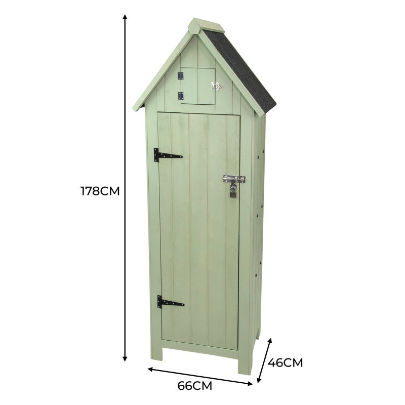 Wooden Garden Storage Shed Green Tool Organiser Cabinet Beach Hut Sentry Box Lockable Doors 3 Corner Shelves 4 Door Hooks Roof Hatch Padlock 4 Keys Ground Fixing Kit Screw Covers Fir Wood Asphalt Roof