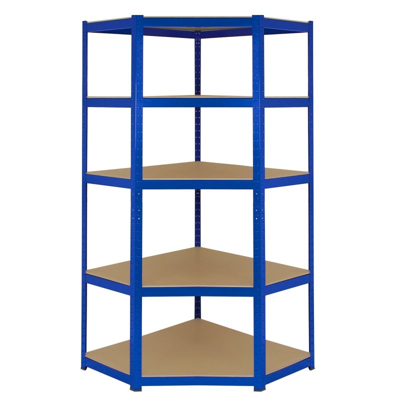 1 x Corner Garage Racking Unit & 4 x Single Racking Storage Units / 5 T-Rax Blue Steel & MDF Shelves / 6925kg capacity / 265kg per shelf / Free Rubber Mallet