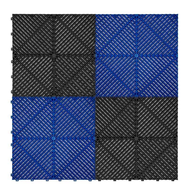 Vented Modular Interlocking Flooring Tiles & Edges 90 Black & 30 Blue Single Garage Heavy Duty Floor Mat Showroom Workshop Outdoor Polypropylene Anti Slip Weather Resistant Drainage 3.2m x 6m 19.2m2