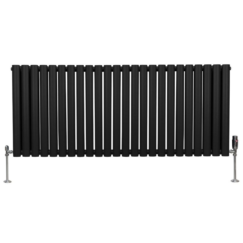 Oval Column Radiator 600mm x 1440mm & TRV Chrome Valves Modern Designer Double Panel Central Heating Heater Black Steel Horizontal Kitchen Living Room FREE Cleaning Brush Fixing Kit & Brackets