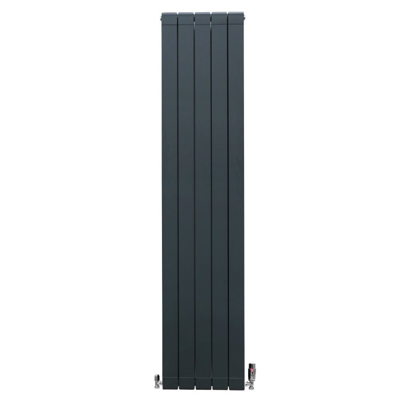Aluminium Designer Radiator 1800mm x 395mm & TRV Chrome Valves Vertical Double Flat Panel Column Lightweight Modern Heater Matt Anthracite Grey Kitchen Living Room Cleaning Brush Fixing Kit Brackets
