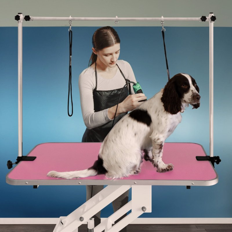 Hydraulic Pet Dog Grooming Table Lift Height Adjustable H Bar 180kg Weight Capacity Large 106cm x 61cm Pink Rubber Top Professional Heavy Duty Steel White Frame 4 Adaptable Stable Feet 3 Loop Leashes