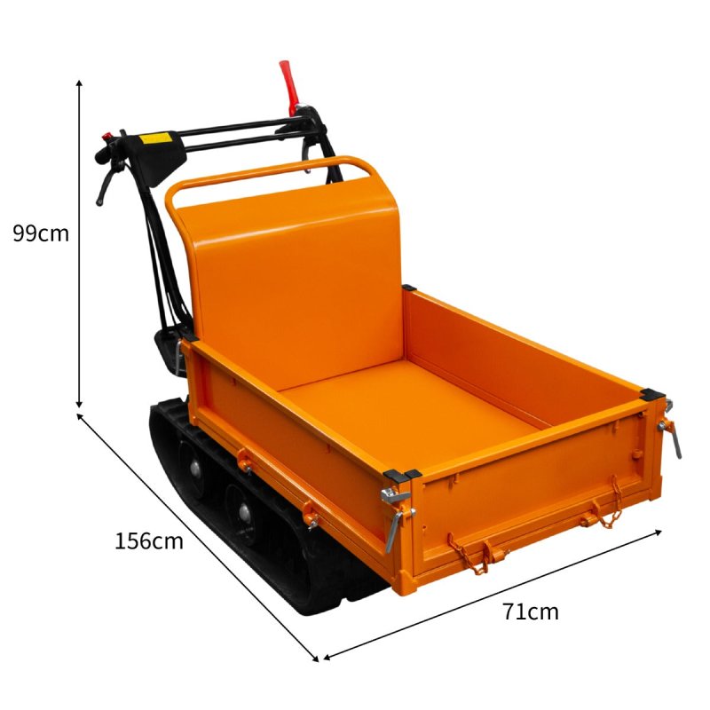Mini Dumper Tracked Power Barrow Petrol Transporter 300kg 196cc 6.5HP Drop Side Front Cargo Manual Gas Sprung Tipping 4 Speed Gears 3 Forward 1 Reverse Safety Brake Steel Skip Loader 2 FREE Ramps