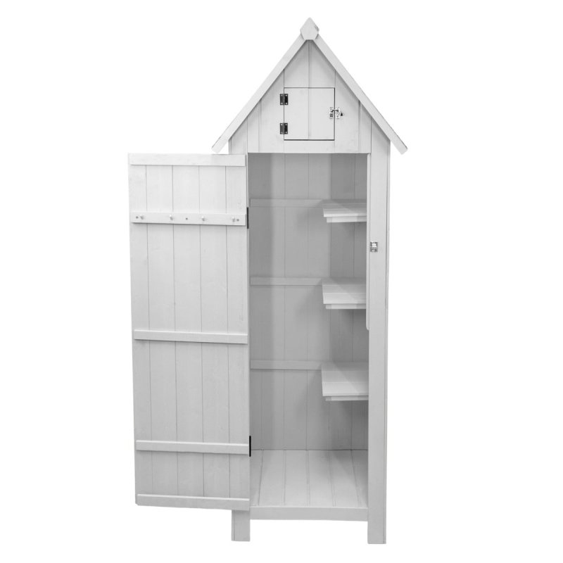 Wooden Garden Storage Shed White Tool Organiser Cabinet Beach Hut Sentry Box Lockable Doors 3 Corner Shelves 4 Door Hooks Roof Hatch Padlock 4 Keys Ground Fixing Kit Screw Covers Fir Wood Asphalt Roof