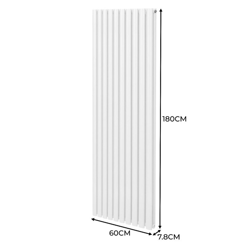 Oval Column Radiator 1800mm x 600mm Modern Designer Double Panel Central Heating Heater Gloss White Carbon Steel Vertical Kitchen Living Room Bathroom FREE Cleaning Brush Fixing Kit & Brackets