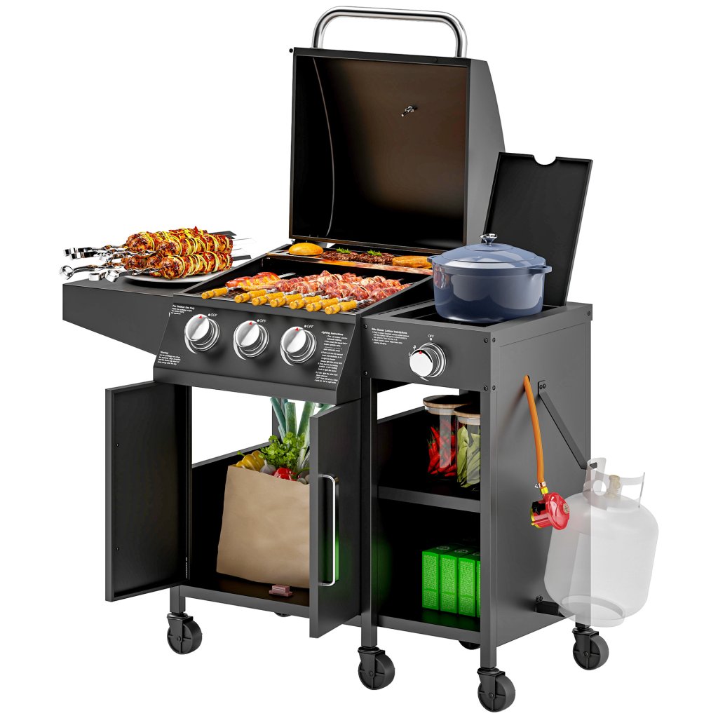 Storage Rack Back Grill Outsunny 3+1 Burner Gas BBQ Grill with Storage & Wheels – 9.5 kW, Black ...