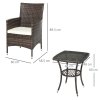Outsunny 3 Pieces Rattan Bistro Set, Wicker Garden Furniture Set with 2-Tier Coffee Table and Chairs, Cushions, for Outdoor Patio Balcony, Brown