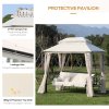 Outsunny 3 Seater Convertible Swing Chair, Outdoor Gazebo Swing Seat Bed with Double Tier Canopy, Cushioned Seat, Mesh Sidewalls and Curtains, Beige