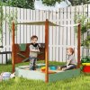 AIYAPLAY Wooden Kids Sandpit Outdoor Sandbox with Canopy with 2 Storage Bins, Funnel, Liner, Chutes, Bucket with Tap for 3-6 Years, 116 x 112.5 x 128 cm, Green
