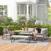 Outsunny 6 Piece L Shaped Garden Furniture Set, 9 Seater Outdoor Corner Sofa Set with 3 Loveseats, Bench, Chair, Wide and Deep Seats, WPC Top Coffee Table, Thick Cushions, Natural Wood Finish