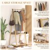 HOMCOM Bamboo Clothes Rail Rack with 2 Storage Shelves and 2 Hooks, Freestanding Open Wardrobe Coat Stand with Wheels for Entryway, Bedroom, Natural Wood Effect