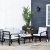 Outsunny 4pcs Garden Sofa Set 2 Single Armchair, 1 Bench & 1 Coffee Table Set Aluminum Frame Patio Furniture with Cushions, Black