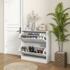 HOMCOM 2 Drawers Entryway Shoe Cabinet, Narrow Shoe Storage Cabinet with 2 Flip Drawers, Louvred Door Design and Adjustable Shelves for 16 Pairs of Shoes, White