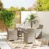 Outsunny 4 Seater Garden Dining Set with Cushions, Double Layer Table with Wood-like Slat Top, PE Rattan Garden Furniture Set, Outdoor Dining Table and Chairs for Patio, Balcony, Grey