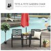 Outsunny Patio Tete-a-tete Chair 2 Seat Bench Middle Coffee Table w/ Umbrella Hole for Outdoors Decorative Slatted Design Steel Frame Black