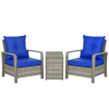 Outsunny 3 Pieces Rattan Bistro Set, Wicker Garden Furniture Set with Storage Coffee Table and Chairs, Thickened Cushions for Outdoor, Patio, Balcony, Blue