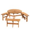 Outsunny 6 Seater Wooden Picnic Table and Garden Benches Set, Round Garden Dining Set with 3 Benches and Umbrella Hole Outdoor Garden Park, Brownish Red