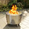 Outsunny Outdoor Round Fire Pit with Grill Net, Portable Wood Burning Firepit with Poker and Foldable Legs, Stainless Steel for Patio Bonfire BBQ Camping, Silver