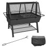 Outsunny 3-in-1 BBQ Rotisserie Grill Roaster Fire Pit with Storage Shelf, Mesh Lid and Poker, Charcoal Chicken Spit Roast Machine with Waterproof Cover for Outdoor Picnic Camping, Black