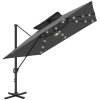 Outsunny 3.5x3 m Garden Cantilever Parasol with Solar LED Lights and Centre Light, UPF50+ Aluminium Patio Umbrella with 360 Rotation and Tilt, Hanging Sun Shade with Cross Base, Crank Handle, Black