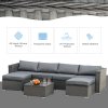 Outsunny 5 Pieces Rattan Garden Furniture Set, Wide & Deep Garden Sofa with Thickened Cushions, Outdoor Furniture Conservatory Set with Loveseats, Footstools and Glass Top Table for Patio, Grey