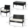 Outsunny 4 Pieces Rattan Garden Furniture Set, 4 Seater Garden Sofa Set with Loveseat, Armchairs and Glass Top Table, Wicker Conservatory Furniture with Cushions for Patio, Balcony, Black
