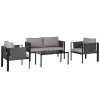 Outsunny 4 Piece Metal Garden Furniture Set with Tempered Glass Coffee Table, Texteline Pocket, Outdoor Set Loveseat Single Armchairs with Padded Cushions, Light Grey