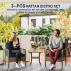 Outsunny 3 Pieces Rattan Bistro Set, Wicker Garden Furniture Set with Glass Top Coffee Table and Chairs, Thickened Cushions for Outdoor, Patio, Balcony, Charcoal Grey