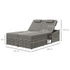 Outsunny Double Rattan Sun Lounger, Garden Daybed with 5-Level Adjustable Backrest and Flip Side Trays, Wicker Outdoor Furniture Recliner with Cushions and Pillows for Patio, Grey