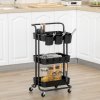 HOMCOM 3 Tier Utility Rolling Cart, Kitchen Cart with 3 Removable Mesh Baskets, 3 Hanging Box, 4 Hooks and Dividers for Living Room, Laundry, Garage, Black