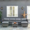 Outsunny 5 Pieces Rattan Garden Furniture Set, Wide & Deep Garden Sofa with Thickened Cushions, Outdoor Furniture Conservatory Set with Loveseats, Footstools and Glass Top Table for Patio, Grey
