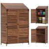 Outsunny Lean-to Small Shed, Tall Wooden Garden Shed with Slatted Bottom, Magnetic Doors, Double Shelves, Outdoor Tool Log Store, 103.5 x 59 x 174.5 cm, Mixed-Brown