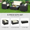 Outsunny 4 Pieces Outdoor PE Rattan Sofa Set with Cushions, Patio Wicker Conversation Furniture Set with Glass Top Coffee Table, Black