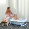 ZONEKIZ Foldable Baby Bath Tub Set, Collapsible Bathtub Antibacterial with Non-Slip Support, Cushion Pad, Shower Head Holder, for Newborn to Toddler Ages 0-6 Years - Blue