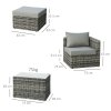 Outsunny 5 Piece Rattan Garden Furniture Set w/ 10cm Thick Cushions, Aluminium Frame Wicker Outdoor Balcony Sofa Set with Corner Armchairs, Ottomans, and Glass Top Table, Mixed Grey