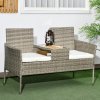 Outsunny 2 Seat Rattan Garden Bench, Patio Wicker Chair with Glass Tea Table, Outdoor Love Seat with Padded Cushions, for Garden, Porch, Mixed Grey/Cream White