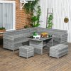 Outsunny 5 Pieces PE Rattan Garden Furniture Set with Corner Sofa, Patio Sofa Set with Glass Table, Stools, Cushions, for Poolside, Mixed Grey