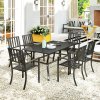 Outsunny 7 Pieces Patio Dining Set, 6 Seater Outdoor Table and Stackable Chairs with Umbrella Hole, Galvanised Steel Frame, Space Saving, for Poolside, Garden, Black