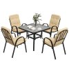 Outsunny 5 Pieces Garden Dining Set, Outdoor Square Dining Table and 4 Cushioned Armchairs, Tempered Glass Top Table w/ Umbrella Hole, Texteline Seats, Beige