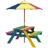 Outsunny Kids Picnic Table Wooden Garden Furniture Bench with Removable Umbrella Outdoor, for Ages 3-6 Years - Multicoloured