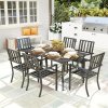Outsunny 7 Pieces Garden Dining Set with Stackable Chairs, 6 Seater Metal Garden Furniture Set, Outdoor Metal Top Patio Table with Umbrella Hole, Black