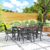 Outsunny 7 Pieces Garden Dining Set with Stackable Chairs, 6 Seater Metal Garden Furniture Set, Outdoor Metal Top Patio Table with Umbrella Hole, Black