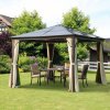 Outsunny 3 x 3(m) Hardtop Gazebo Canopy with Polycarbonate Roof and Aluminium Frame, Garden Pavilion with Mosquito Netting and Curtains, Brown