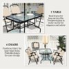 Outsunny 8 Pieces Dining Set with Parasol 6 Folding Texteline Chairs and Tempere Glass Table Beige
