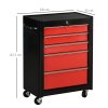 HOMCOM 5-Drawer Lockable Steel Tool Storage Cabinet with Wheels Handle 2 Keys Organisation Box Unit Chest Garage DIY Workshop Trolley Red
