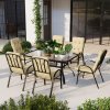 Outsunny 7 Pieces Garden Dining Set, Outdoor Rectangular Dining Table and 6 Cushioned Armchairs, Tempered Glass Top Table w/ Umbrella Hole, Texteline Seats, Beige
