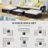 Outsunny 6 Pieces Rattan Garden Furniture Set, 5 Seater Garden Sofa Set with Thickened Cushions, Glass Top Coffee Table and Ottomans, Outdoor Sectional Conservatory Furniture with Pillows, Brown
