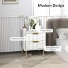 HOMCOM Marble Pattern Bedside Table, Fluted Bedside Cabinet with 2 Drawers, Side End Table with Steel Legs for Bedroom, White